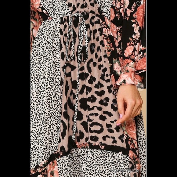 Leopard floral mixed print hi low dress with waist tie. - Picture 4 of 6